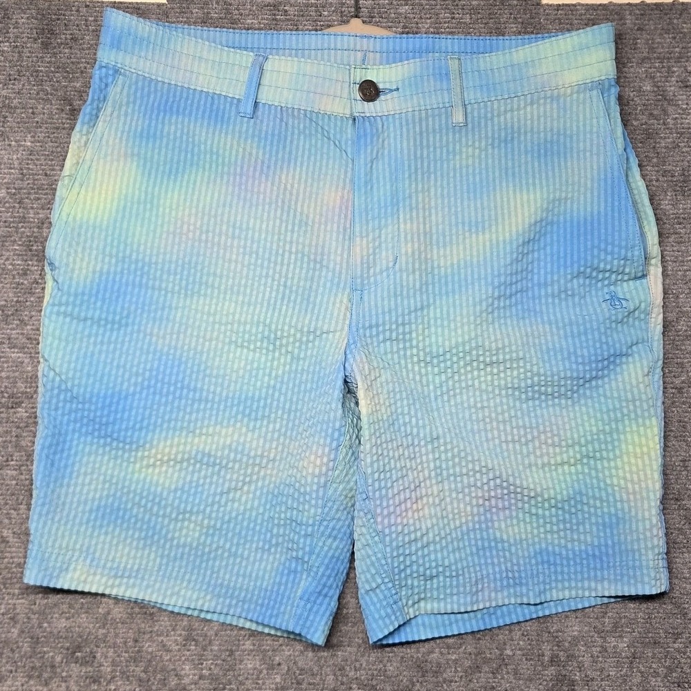 Original Penguin Seersucker Shorts Men's 30 Blue Tie Dye Golf Casual Flat Front